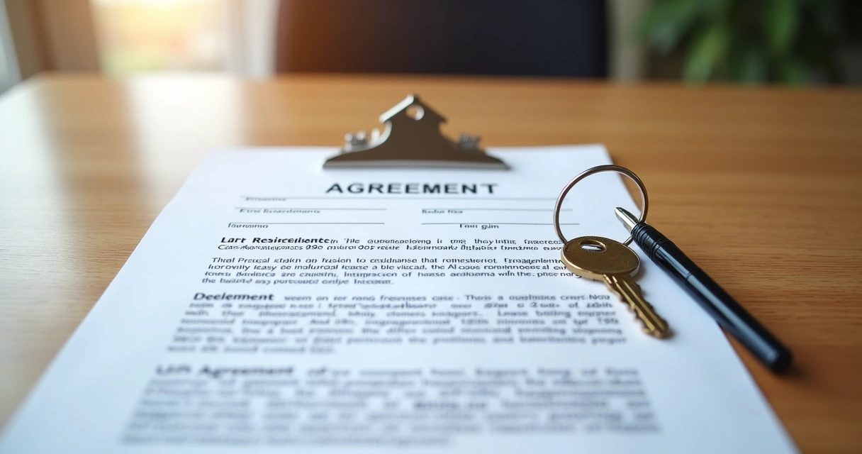 Mesa de madeira com contrato de locação residencial aberto, caneta preta ao lado e chaves de casa sobre o papel 