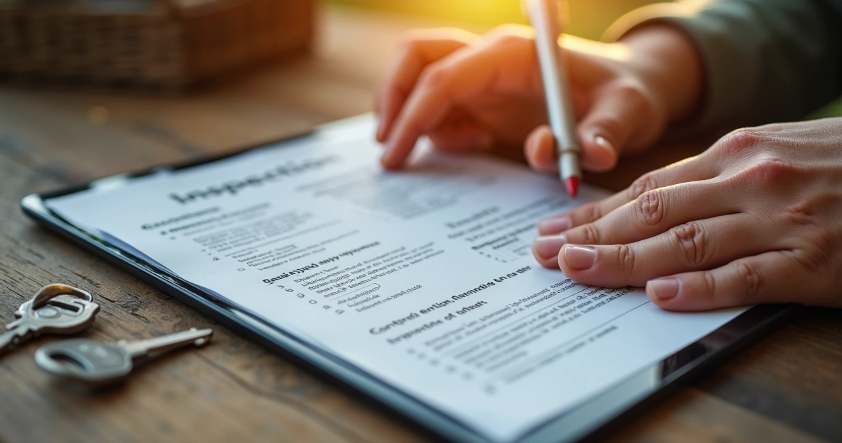 Contrato de vistoria de imóvel rural sendo revisado junto a checklist e tablet 