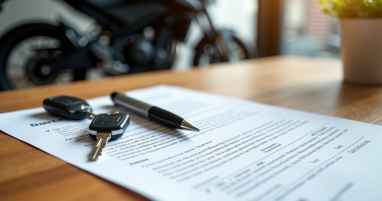 Contrato de locação de moto sobre mesa com caneta e chave de motocicleta 