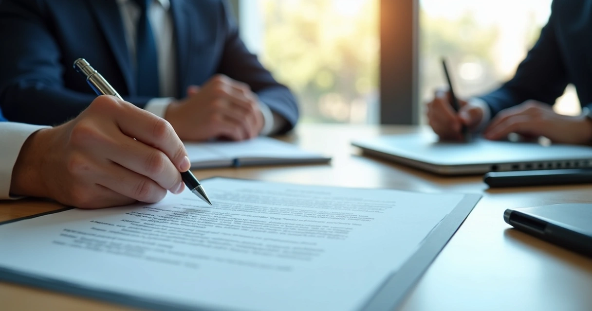 Assinatura de contrato de locação de notebooks em reunião empresarial 