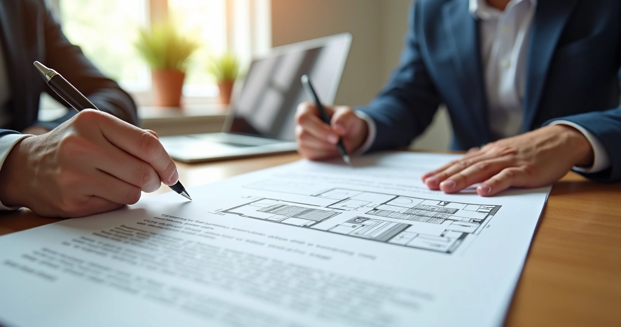Detalhe de mãos assinando contrato de locação residencial sobre mesa com planta do imóvel e caneta 