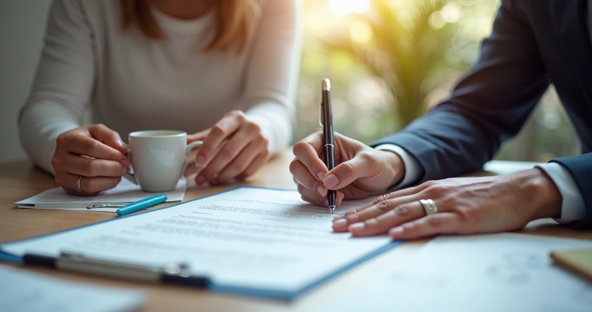 Mesa com contrato de locação residencial, caneta sobre o documento e mãos em processo de assinatura 