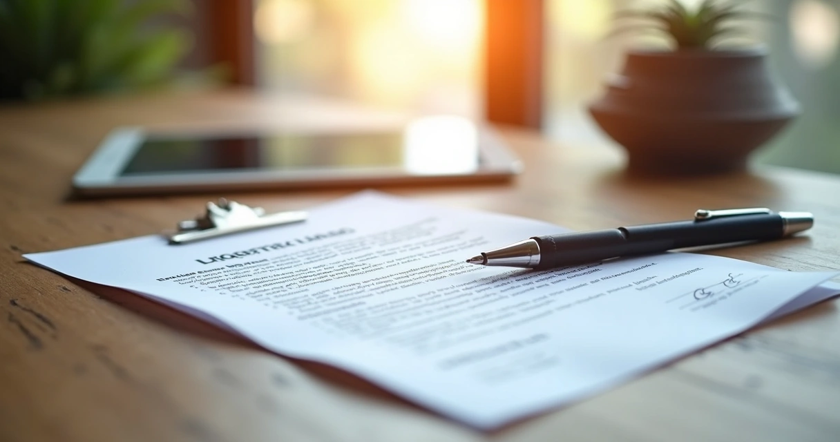 Contrato de locação residencial impresso sobre mesa de madeira com caneta e um tablet mostrando assinatura digital 