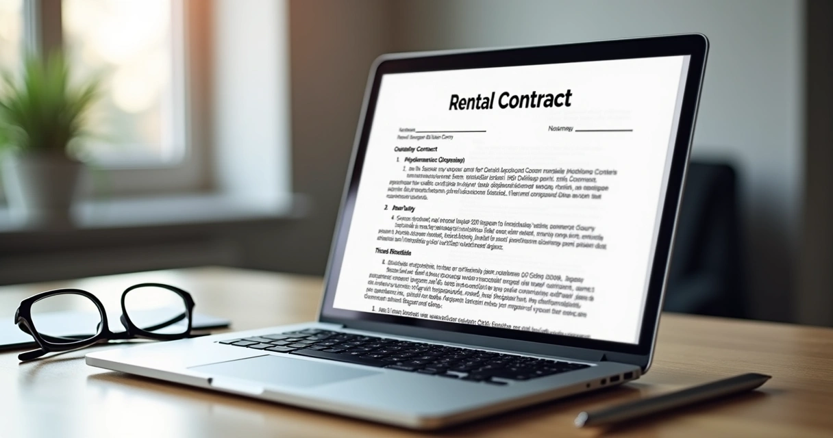 Contrato de locação em Word aberto em laptop sobre mesa organizada com caneta e óculos 