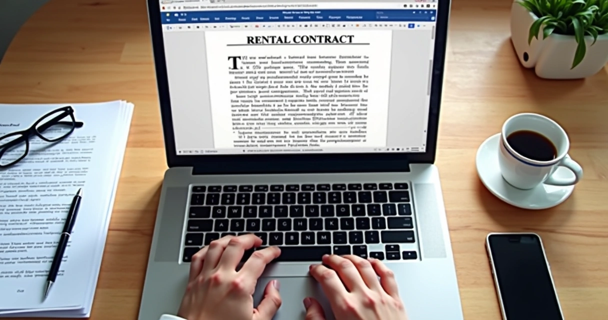 Contrato de locação sendo editado em arquivo Word no laptop com mesa organizada ao fundo 