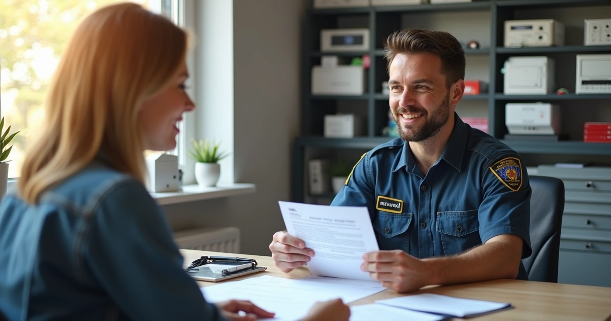 Instalador apresentando contrato de manutenção ao cliente 