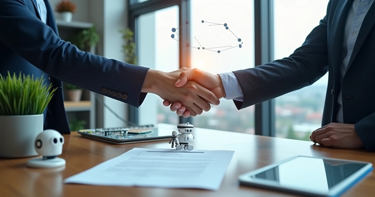 Duas pessoas fechando contrato com ícones de IA visíveis na mesa 