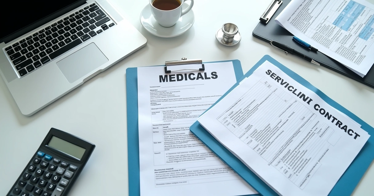 Documentos de contrato médico e calculadora sobre mesa 