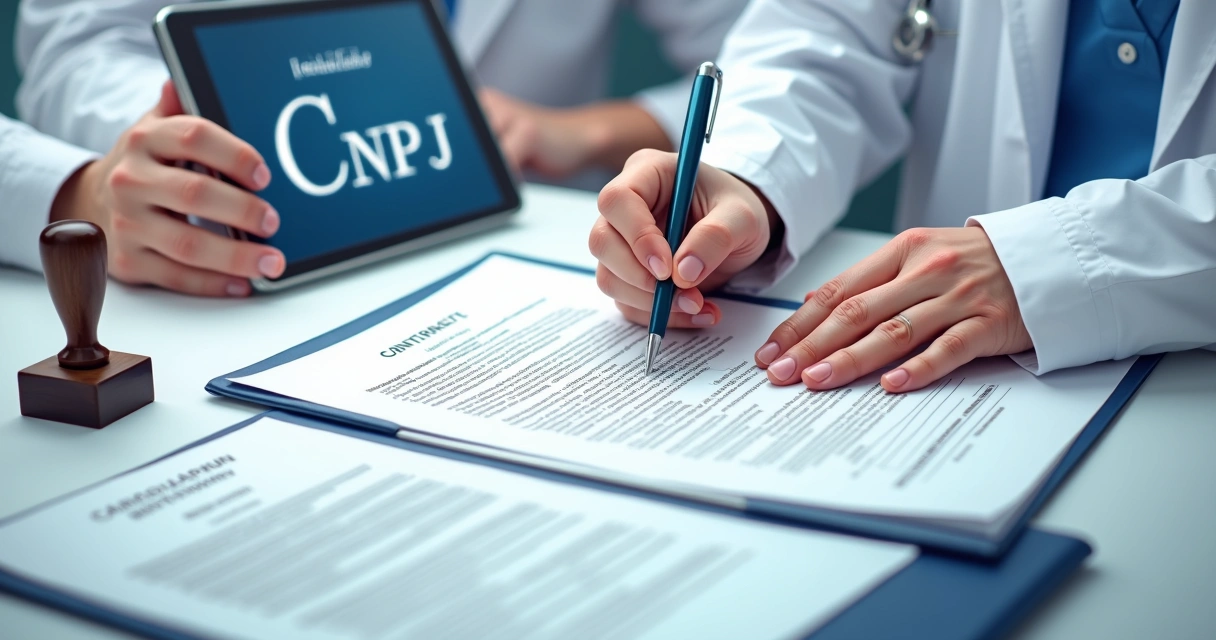 Contratação de médico com assinatura de contrato e CNPJ em destaque 