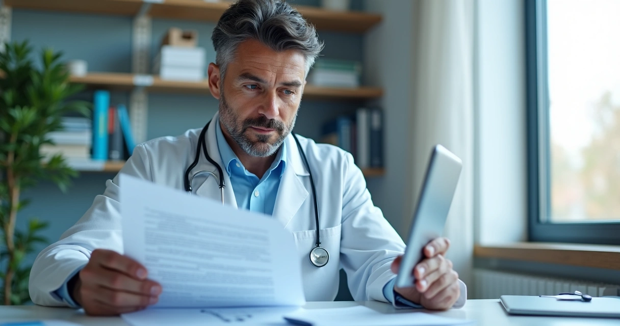 Médico revisando contrato no consultório 