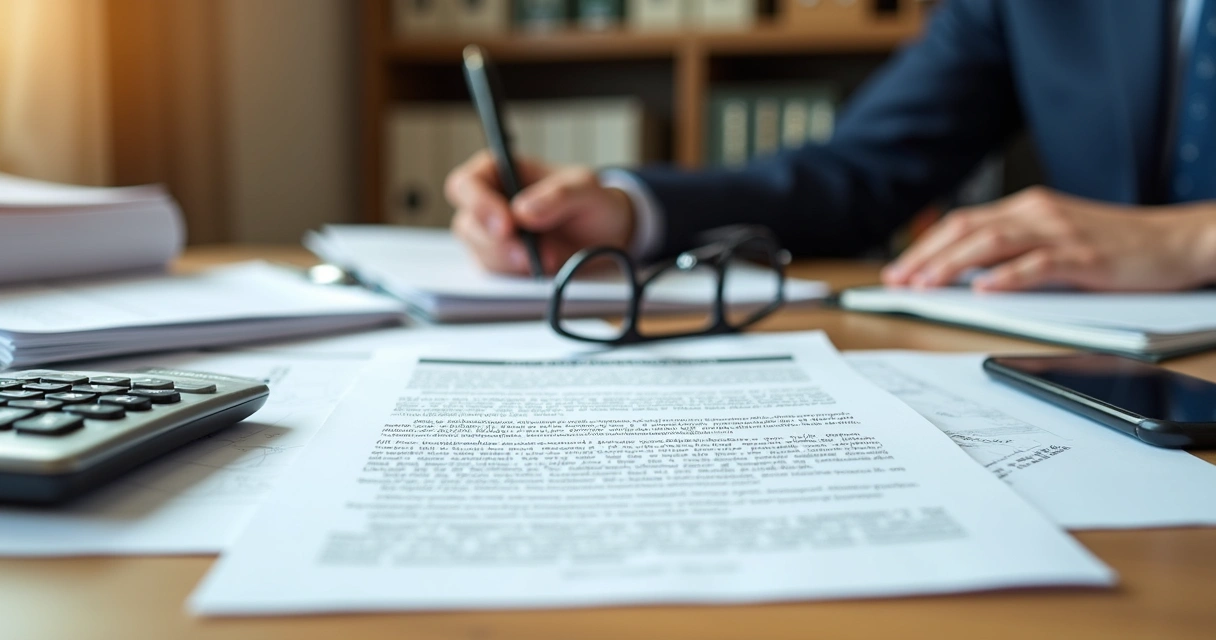 Contrato de multipropriedade com calculadora e documentos sobre mesa 