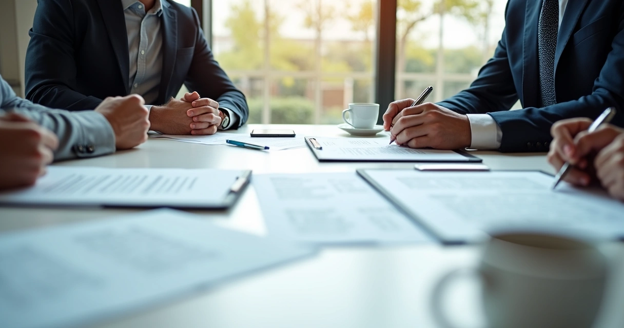 Três pessoas sentadas analisando contrato imobiliário em uma mesa clara