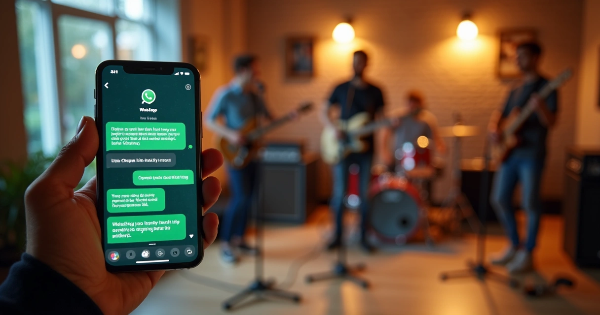 Pessoa fechando contrato com músico pelo WhatsApp no celular durante ensaio de banda ao vivo 