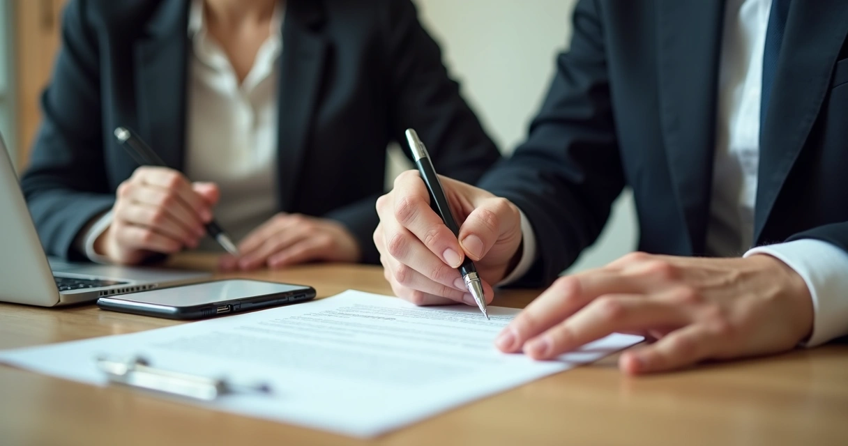 Duas pessoas assinando contrato de negócio B2B 