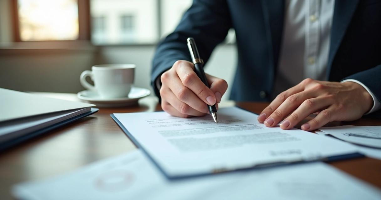 Mãos de empresários assinando contrato societário em mesa de escritório