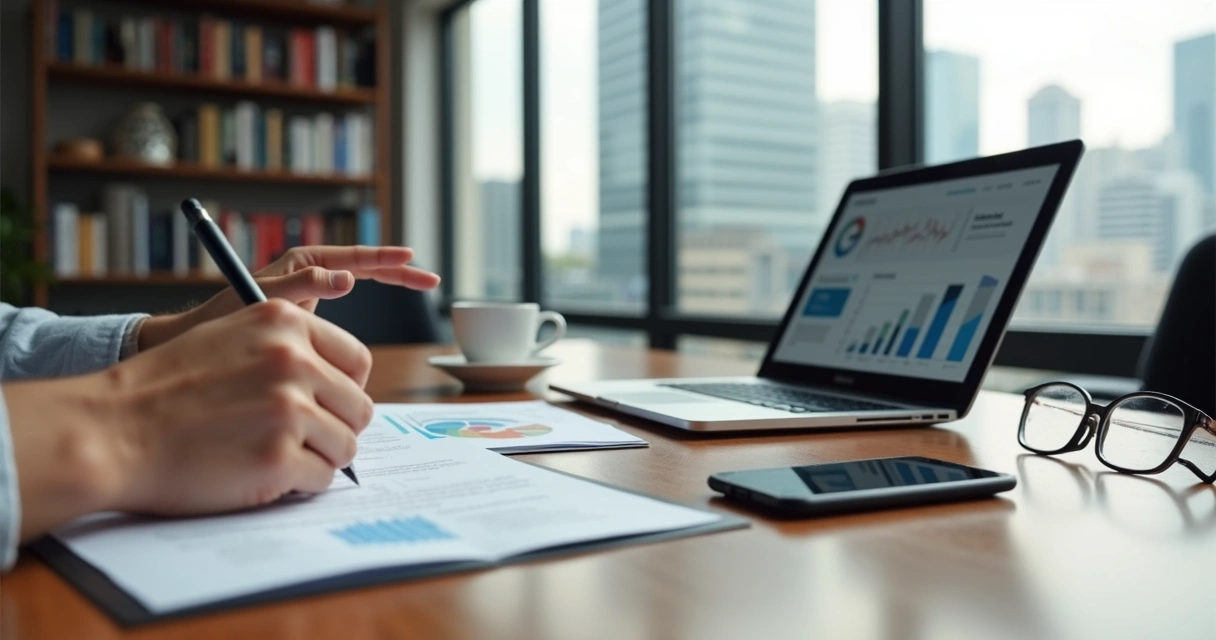 Mesa de reunião com contrato sendo assinado e laptop aberto no escritório moderno 