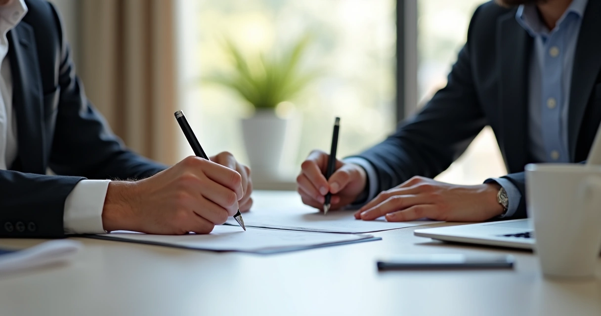 Dono e funcionário assinando contrato em mesa de escritório. 