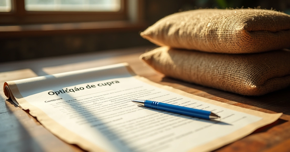 Contrato de opção ao lado de sacas de soja sobre uma mesa de madeira 