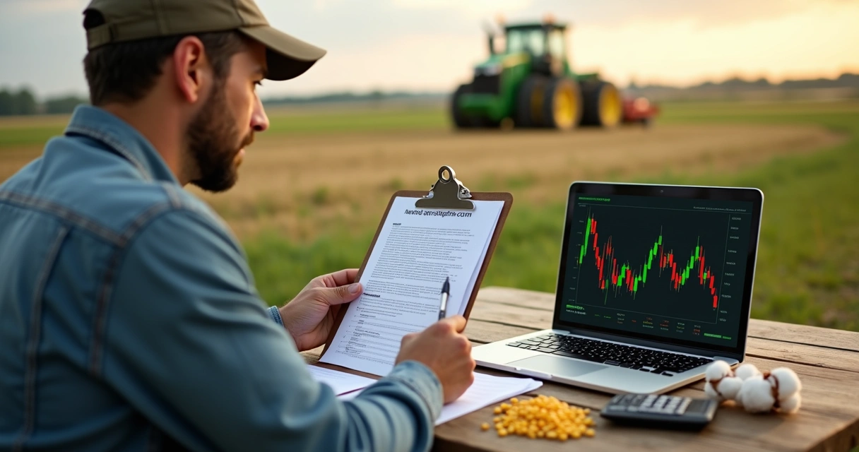 Produtor rural revisando contrato de opções em mesa no campo 