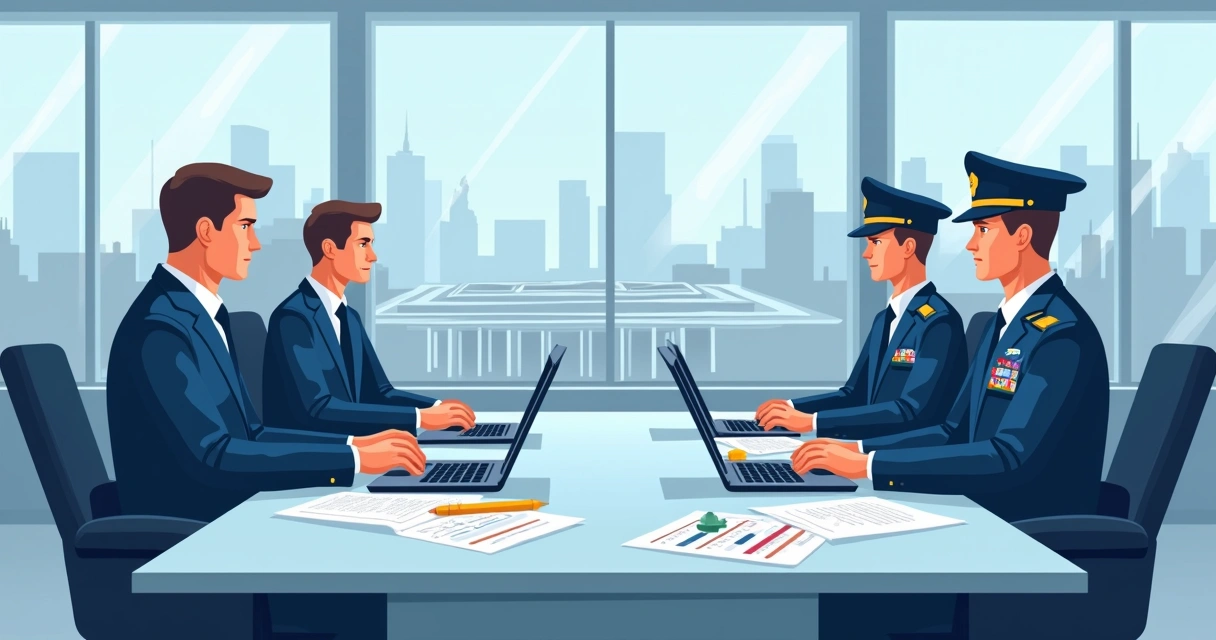 Reunião formal entre executivos de tecnologia e oficiais militares, mesa com laptops, papéis e gráficos. 