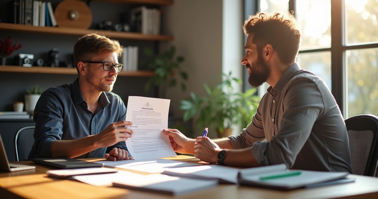 Fotógrafo apresentando contrato de parcelamento a cliente 