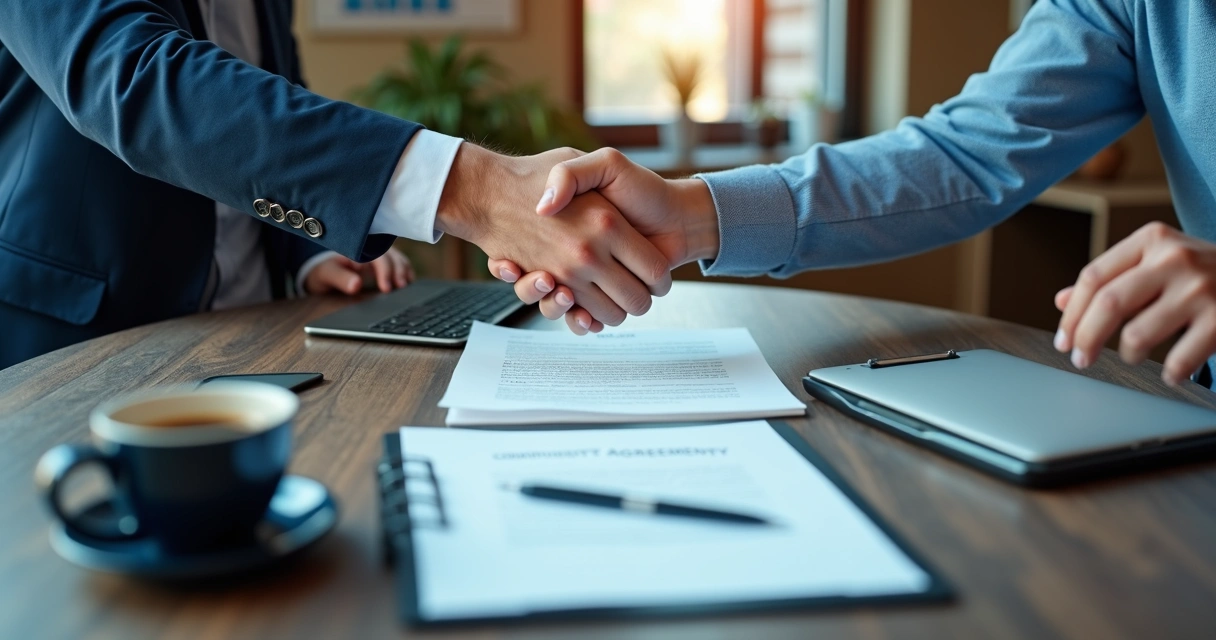 Tipos de comissionamento em agências digitais: modelos e práticas Parceiros assinando contrato de parceria com política de comissão