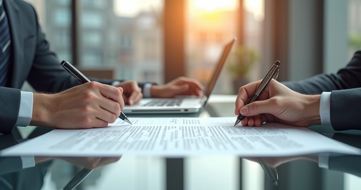 Mãos de sócios assinando contrato de parceria em escritório moderno 