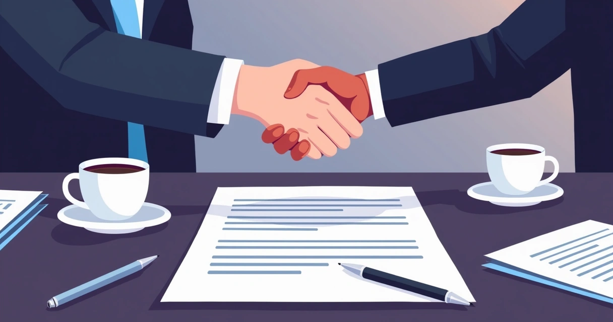 Duas pessoas apertando as mãos sobre um contrato de parceria na mesa 