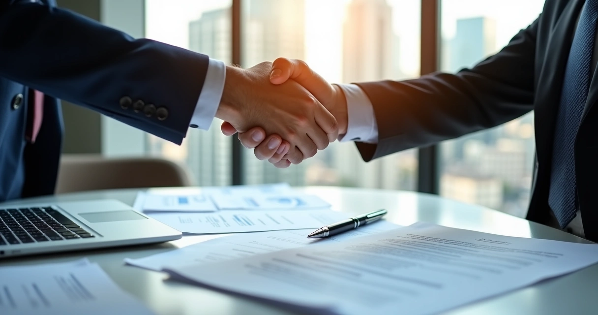 Aperto de mãos entre dois profissionais diante de pilha de contratos. 