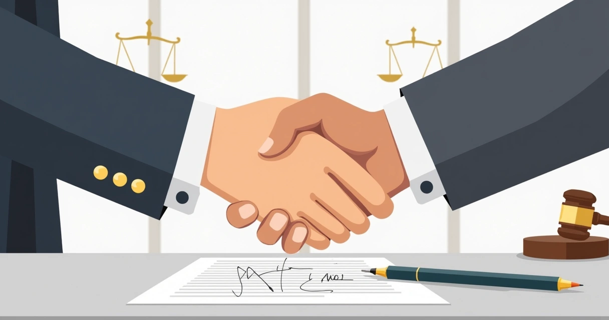 Duas pessoas apertando as mãos sobre um contrato assinado e canetas 