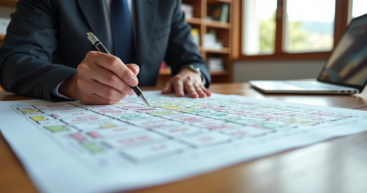 Pessoa assinando contrato com planta de loteamento sobre a mesa 