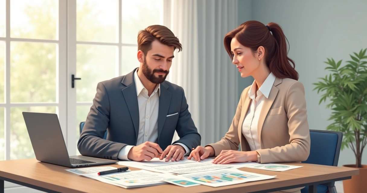 Direitos e deveres do parceiro: o que analisar no contrato antes de assinar Duas pessoas negociando cláusulas de contrato de parceria, com papéis e laptop na mesa.