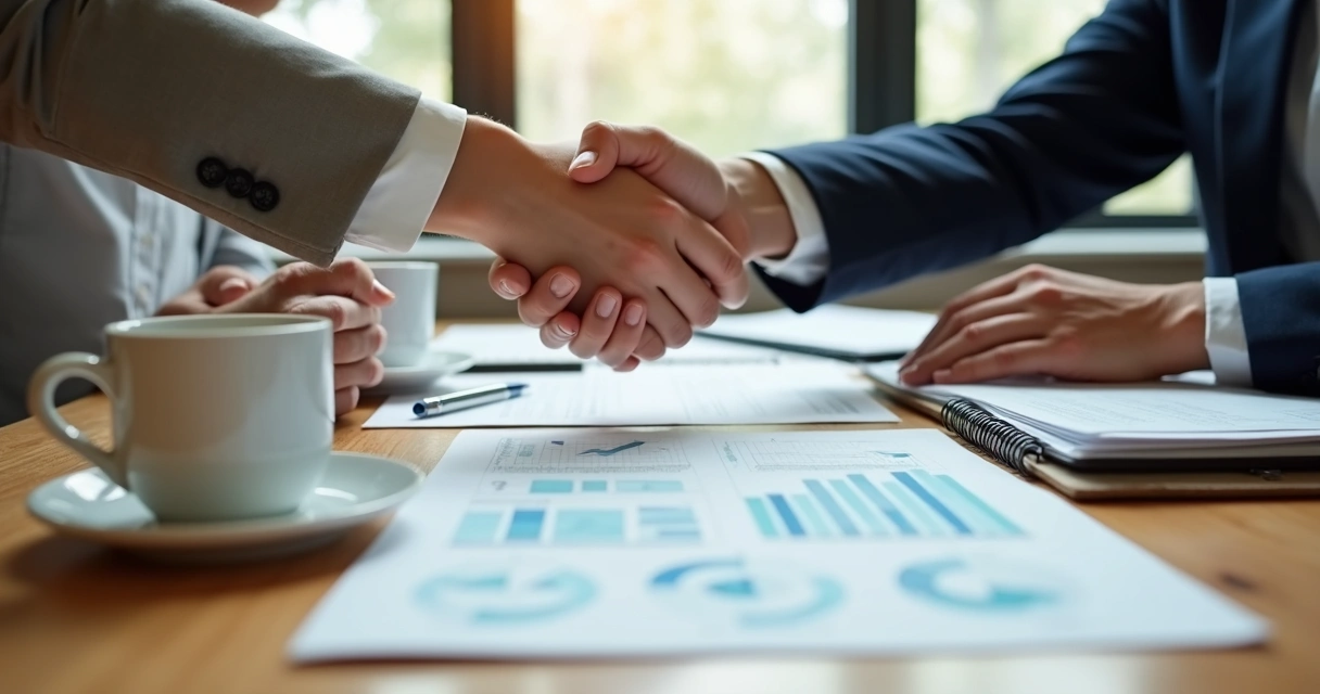 Duas pessoas em uma mesa com contrato entre elas e aperto de mãos