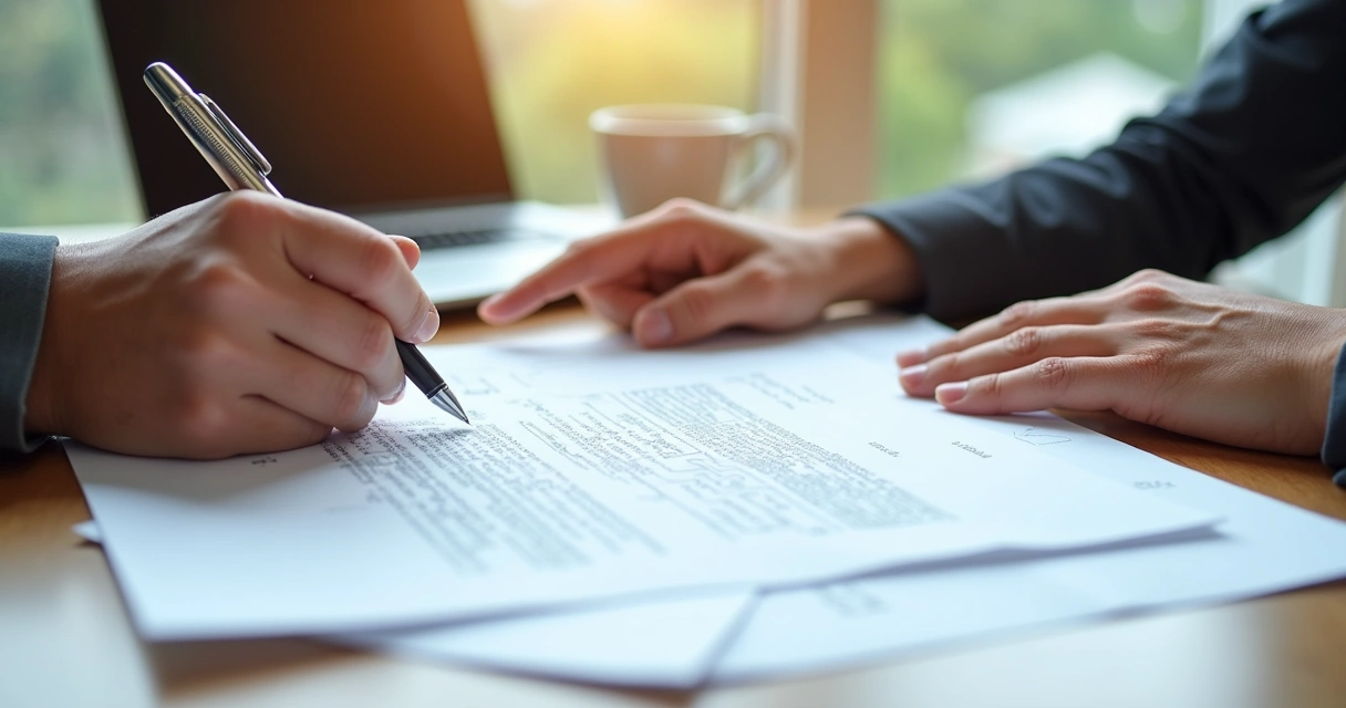 Assinatura de contrato com laudo técnico sobre a mesa 