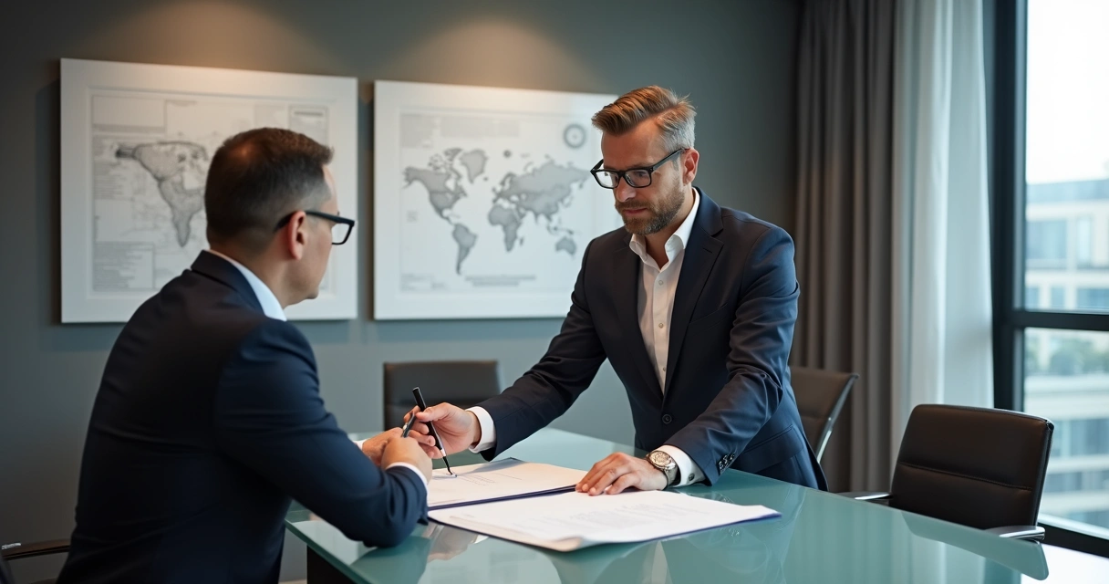 Profissional de engenharia entregando documentos para cliente em escritório contemporâneo 