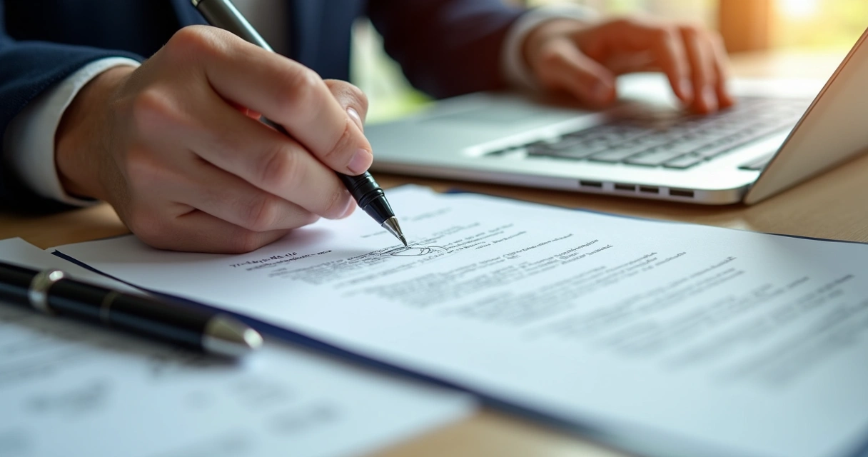 Assinatura digital de contrato PJ em notebook com documentos e caneta ao lado 