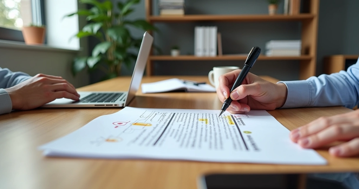 Advogado revisando contrato PJ com destaques em cláusulas importantes 