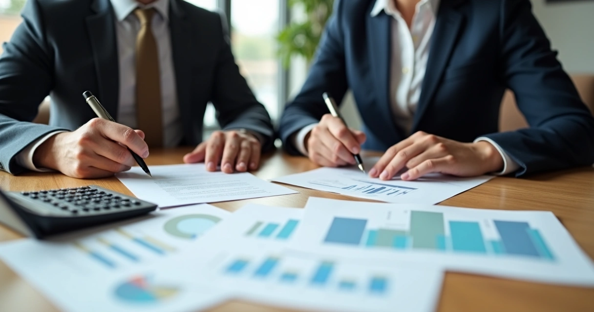 Duas pessoas analisando contrato de plano funerário em uma mesa 