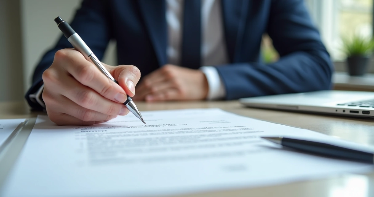 Pessoa assinando contrato de prestação de serviço na mesa