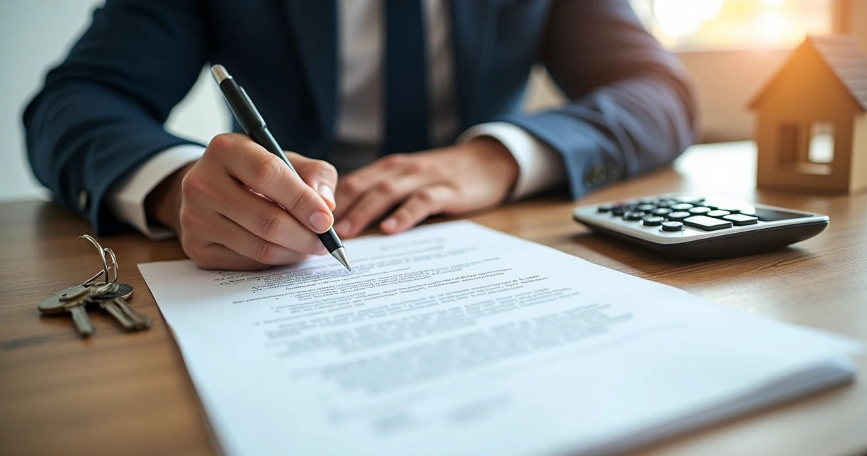 Persona firmando un contrato de préstamo sobre una mesa con documentos y llaves 