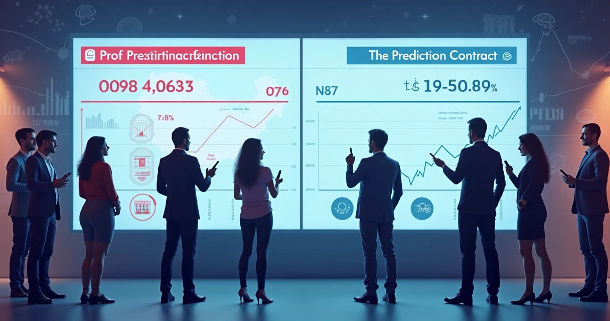 Gráfico de contrato de previsão com pessoas analisando telas 