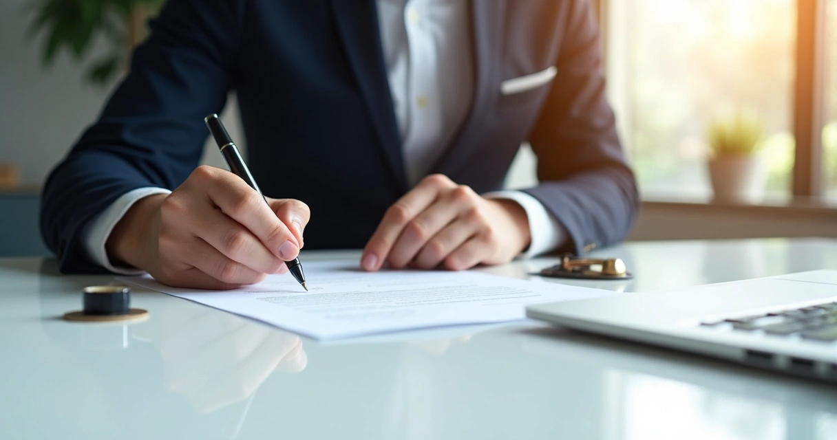 Pessoa de terno assinando contrato sobre uma mesa branca, foco nas mãos e no papel 