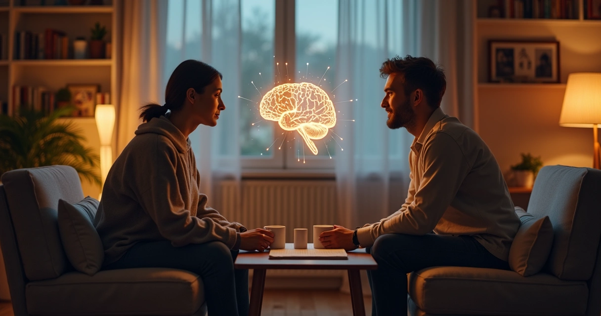 Dois adultos sentados em sofás opostos com linha de luz conectando suas cabeças 