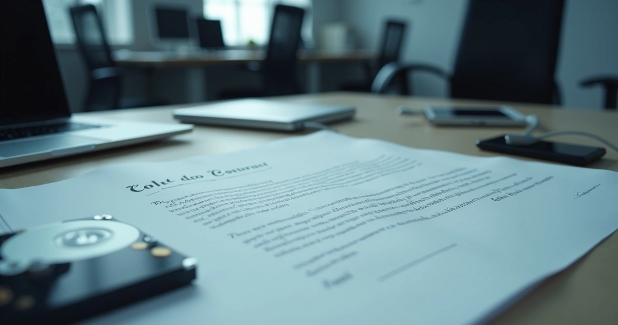 Contrato rasgado sobre mesa de escritório de tecnologia. 