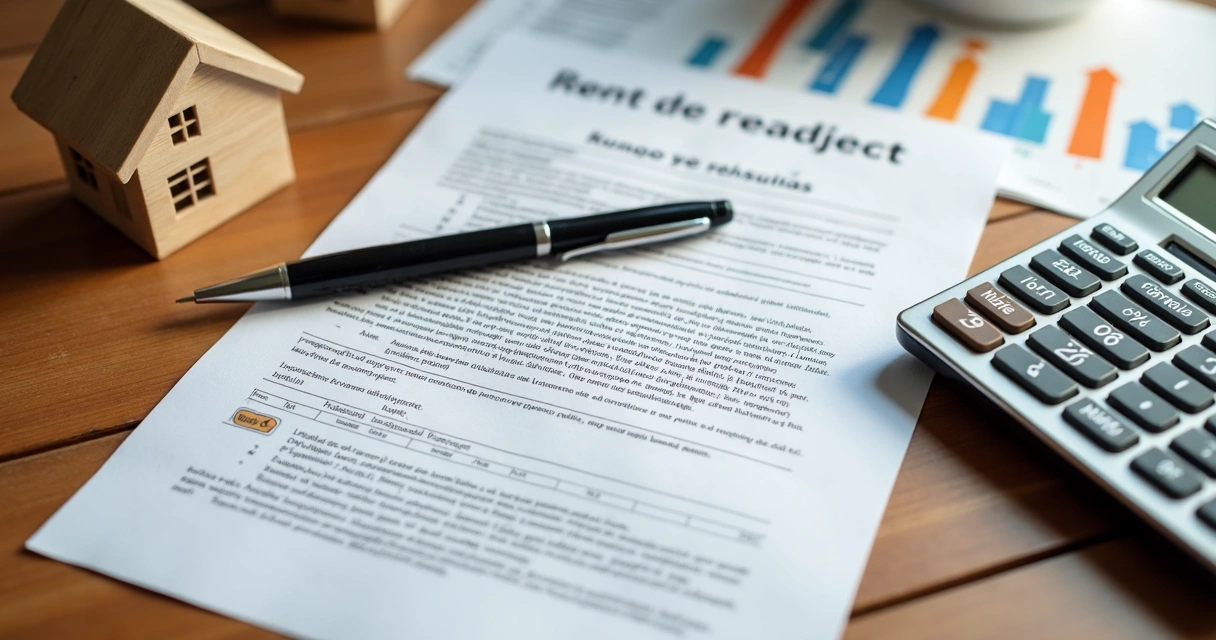Contrato de aluguel sobre mesa com calculadora e miniatura de casa 