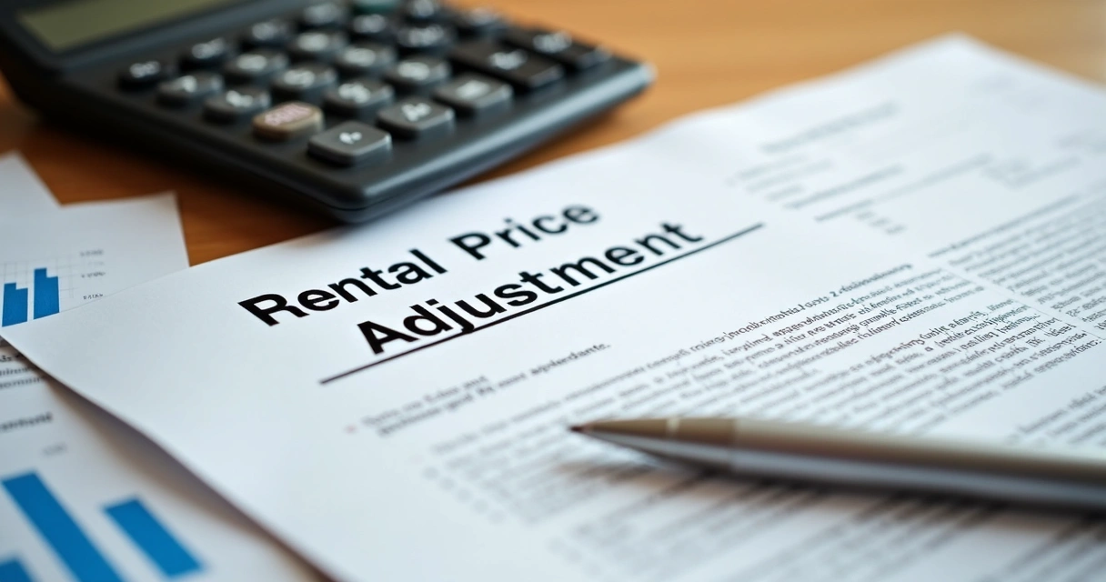 Mesa com contrato de aluguel, calculadora, caneta e gráficos de reajuste financeiro em papel 