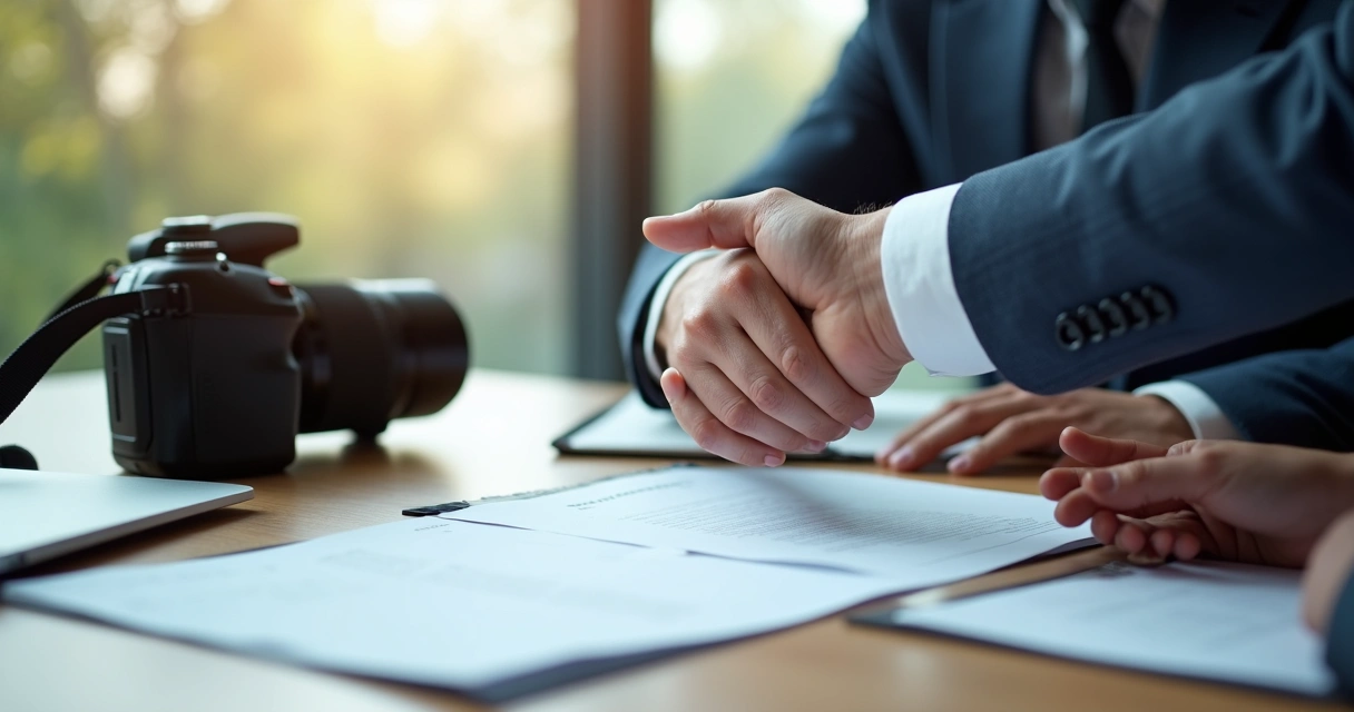 Fotógrafo assinando contrato com empresário, câmera digital e notebook na mesa 