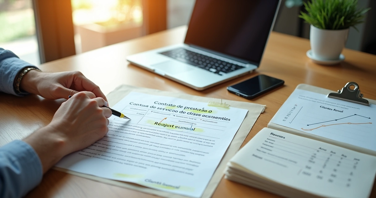 Empresário destaca cláusula de reajuste em contrato recorrente sobre mesa de escritório 