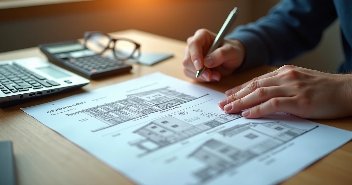 Pessoa analisando contrato imobiliário sobre uma mesa com planta de apartamento 