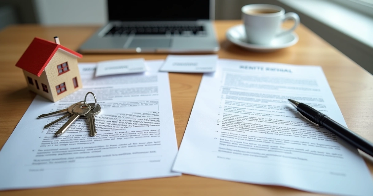 Documentos de contrato de aluguel sobre mesa, unindo itens residenciais e comerciais. 